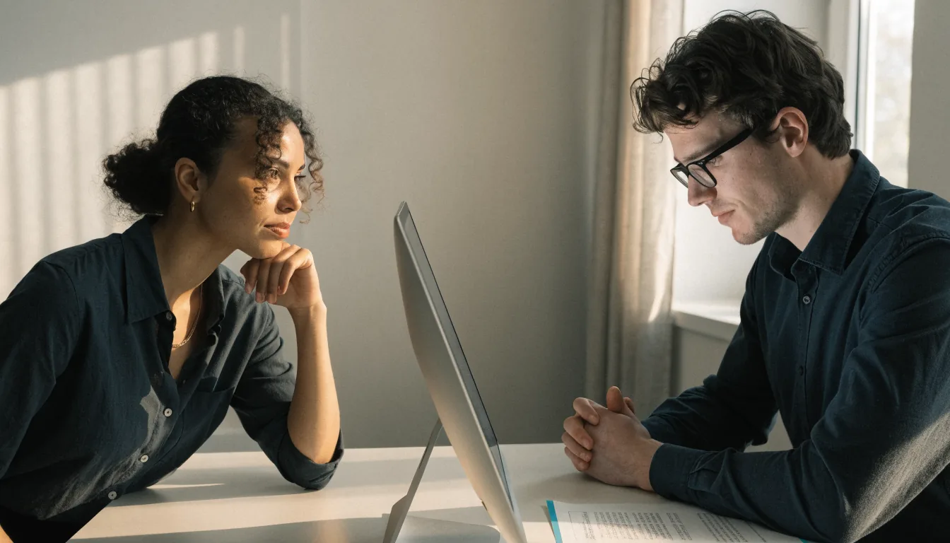 Two people reviewing a completed agent action against its signed evidence.